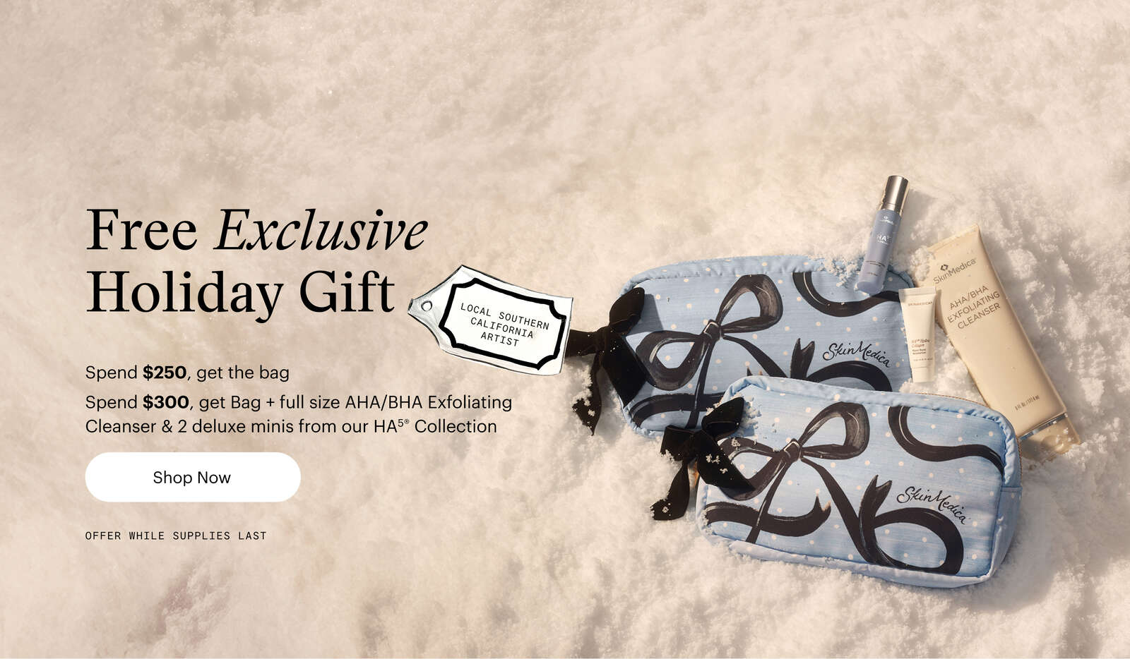 Free Exclusive Holiday Gift. Spend $250 get the bag. Spend $300 get the bag + full size AHA/BHA Cleanser & deluxe 2 minis from our HA5 Collection.