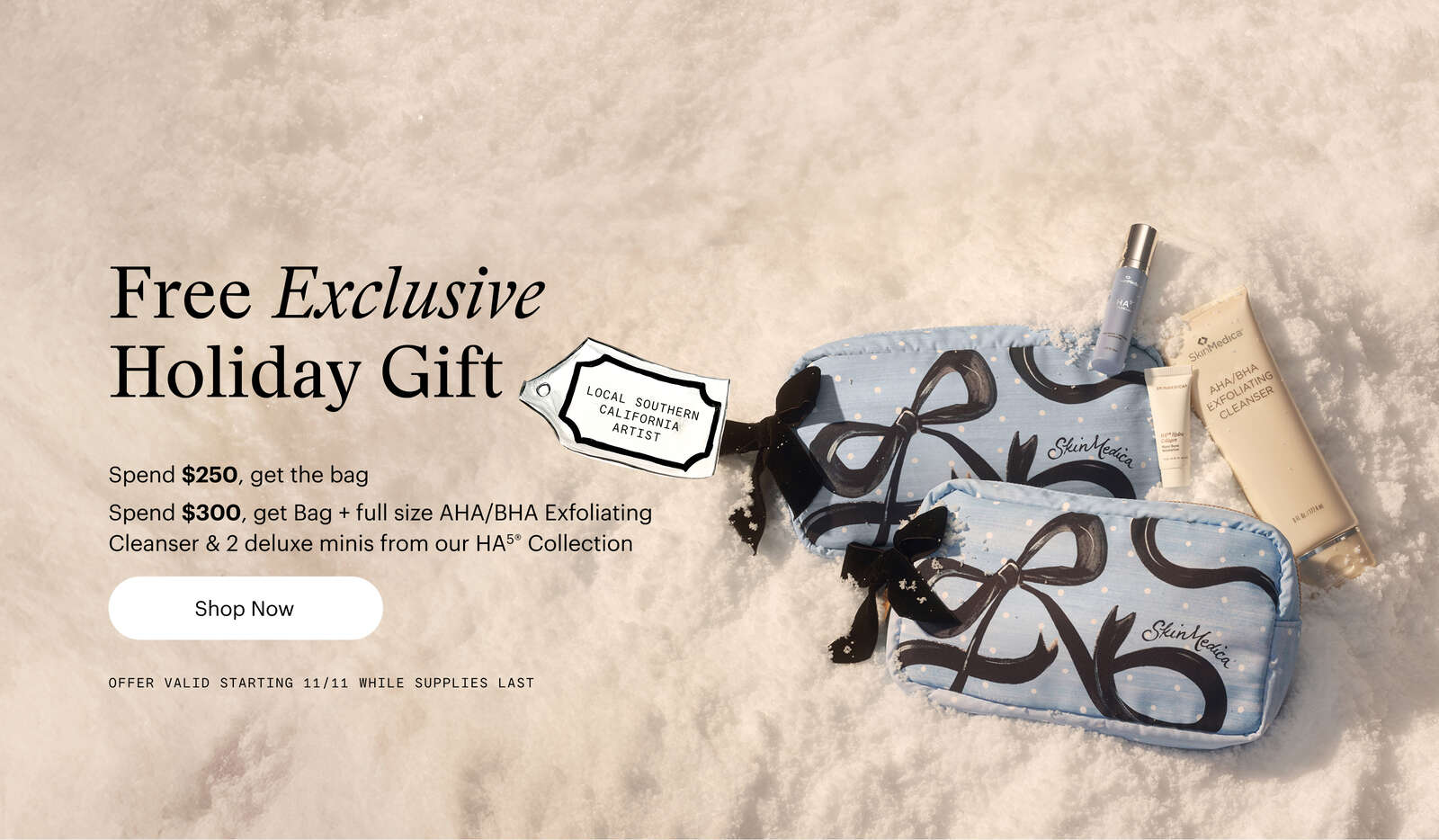 Free Exclusive Holiday Gift. Spend $250 get the bag. Spend $300 get the bag + full size AHA/BHA Cleanser & deluxe 2 minis from our HA5 Collection.